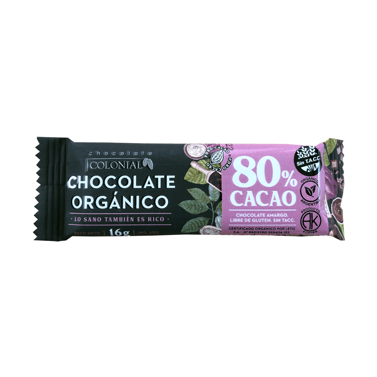 Barritas de chocolate orgánico "Cacao 80%" (16 grs) - Colonial Barritas de chocolate orgánico "Cacao 80%" (16 grs) - Colonial