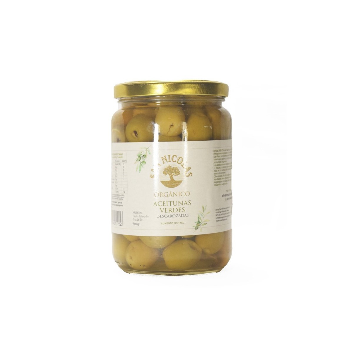 Aceitunas verdes orgánicas descarozadas x 500 gr - San Nicolás