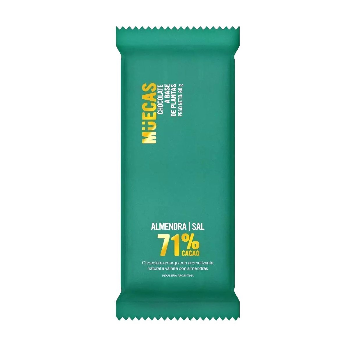 Chocolate vegano con Almendras y Sal Marina 71% cacao x 80 gr - Muecas Chocolate vegano con Almendras y Sal Marina 71% cacao x 80 gr - Muecas